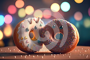 Cute image of the donut characters full of love and happiness. Abstract picture of romantic dinner. Food Character concept