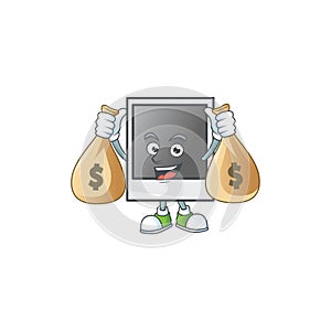 A cute image of empty polaroid photo frame cartoon character holding money bags