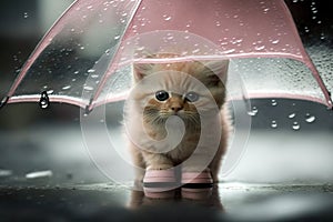 A cute image of a kitten under an umbrella, generative Ai