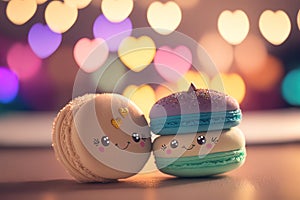 Cute image of the macaroon makaroon characters full of love and happiness. Abstract picture of romantic dinner. Food Character