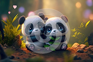 Cute image of the panda characters full of love and happiness. Abstract picture of romantic dinner. Food Character concept