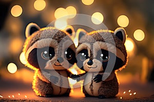 Cute image of the raccoon characters full of love and happiness. Abstract picture of romantic dinner. Food Character concept