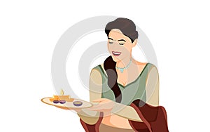 Cute Indian Girl with arti thali character illustration on white background photo