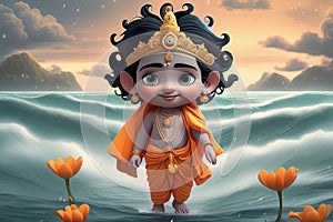 cute indian hindu god of king with lord ganesha on the river
