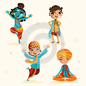 Cute indian kids, boys in traditional indian clothes set, collection