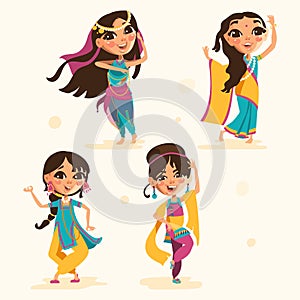 Cute indian kids, girls in traditional indian clothes set, collection