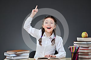 Cute industrious child is sitting at a desk indoors. Kid is learning in class on background of blackboard.
