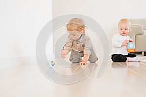 Cute infant baby boy crawling on the floor at home and playing with colorful ball.