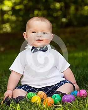 Cute infant baby boy wearing a bow tie