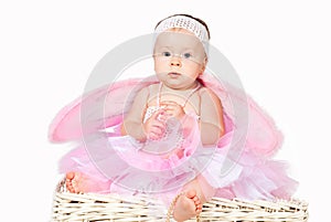 Cute infant baby girl thinking isolated