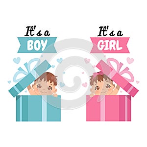 Cute infant in surprise gift box with a phrase `It`s a boy` and `It`s a girl`.