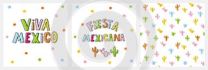 Cute Infantile Style Mexican Party Vector Ilustration and Pattern. Viva Mexico and Fiesta Mexicana Cards.