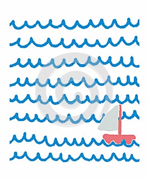 Cute Infantile Style Vector Illustration with Simple Hand Drawn Boat and Grunge Blue Waves.