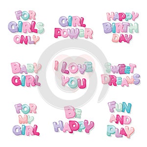 Cute inscription icons for girls. Cartoon glossy letters in pastel colors.