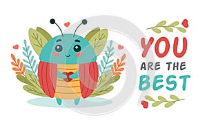 Cute insect beetle with lettering you are the best, cartoon character vector illustration