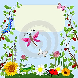 Cute insects Animal cartoon in grass and flowers. Vector illustration.