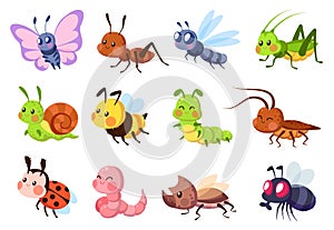 Cute insects. Bugs creatures bee and ladybug, worm, snail and butterfly, caterpillar. Mantis, dragonfly and fly cartoon