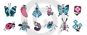 Cute insects. Cartoon bugs with happy face, spider caterpillar butterfly and other colorful characters for vector