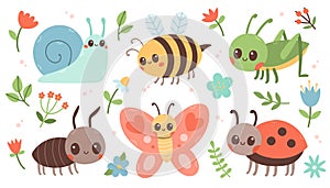 Cute insects set. Butterfly, ant, ladybug, bee, snail, grasshopper. Vector illustration isolated on white background