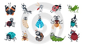 Cute insects. Cartoon funny colorful bugs bees hornet butterfly caterpillar spider with cute faces for vector children