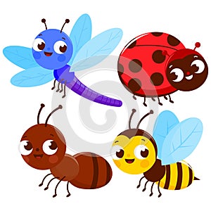 Cute insects collection. Cute garden beetle, ladybugs, dragonfly and bee. Vector illustration