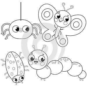 Cute insects collection. Vector black and white coloring page