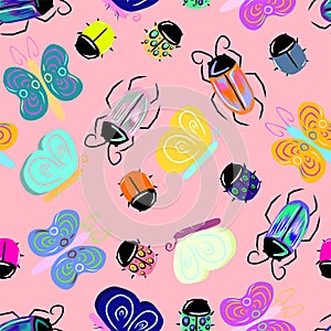 Cute Insects Kids Vetor Background Pattern Seamless