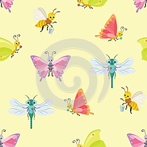 Cute insects seamless pattern. Funny butterfly, dragonfly and honey bee isolated on yellow background. Vector illustration