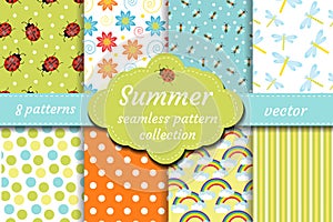 Cute insects seamless pattern set. Spring collection of ladybug and abstract repeating textures. Summer kids bee