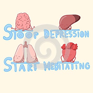 Cute internal organs meditating and struggling with depression