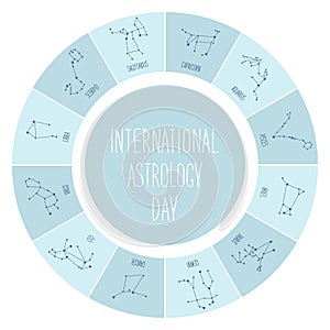 Cute International Astrology Day background with schematic hand drawn zodiac constellations