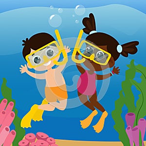 Cute international children boy and girl swim underwater near seaweed. Vertical scene in cartoon style.