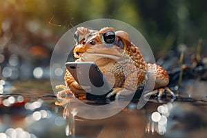 A cute isolated toad or frog in a nature setting using a phone, smartphone, themes of a funny and adorable meme viral on