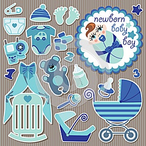 Cute items for European baby boy.Strips background