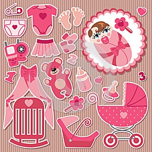 Cute items for European baby girl.Strips background