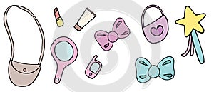 Cute items in womens baby bag, vector set of elements, children drawing