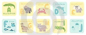 Cute A-J alphabet cards with cartoon rainforest jungle African animals. Vector zoo illustrations. Alligator, buffalo, crab,