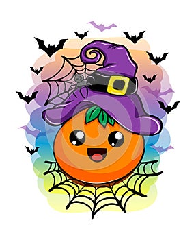 Cute Jack OLantern with spider, happy halloween cartoon vector illustration