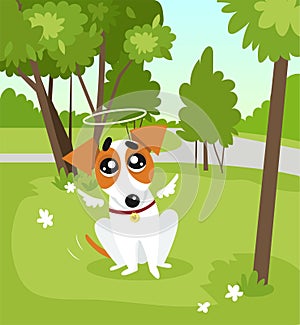 Cute jack russell terrier dog with angel wings and a halo sitting in the park on summer day vector Illustration in