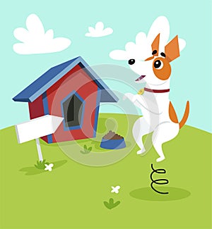 Cute jack russell terrier dog jumping on springboard in front of its kennel in garden on summer day vector Illustration