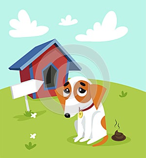 Cute jack russell terrier pooping in front of its kennel in garden on summer day vector Illustration in cartoon style