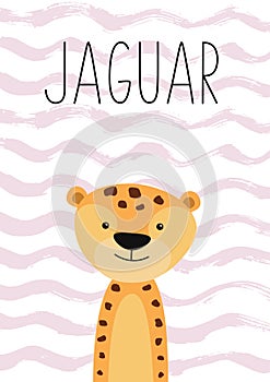 Cute jaguar cartoon character. Poster, card for kids.