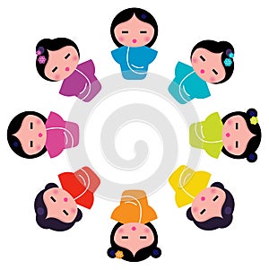 Cute japanese kokeshi dolls in circle photo