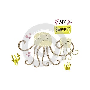 Cute jellyfish family. Baby cartoon design, composition