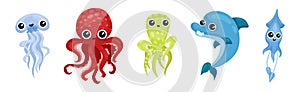 Cute Jellyfish, Octopus, Dolphin and Squid as Sea Animal Floating Underwater Vector Set