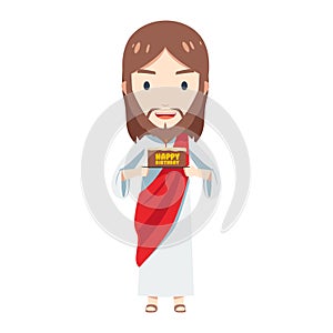 Cute Jesus is holding a birthday cake. Isolated Vector Illustration photo
