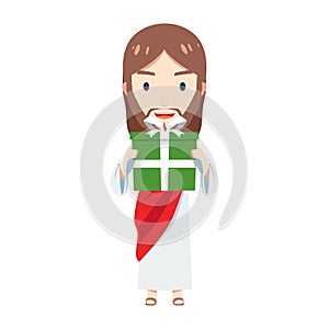 Cute Jesus is holding a gift box. Isolated Vector Illustration
