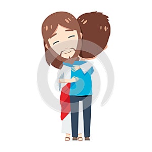 Cute Jesus is Hugging a boy with blue shirt photo