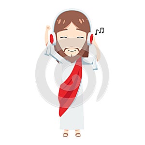 Cute Jesus is listening to the headphone. Isolated Vector Illustration photo