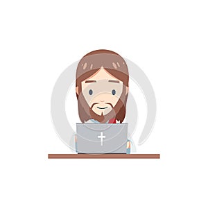 Cute Jesus is using a computer. Isolated Vector Illustration